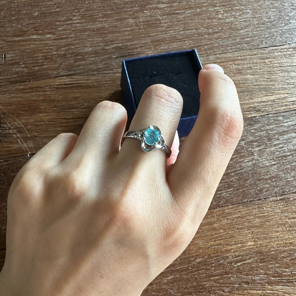 Blue Moissanite Ring Silver Tone Solitaire Ring Elegant Minimalist Gift - Picture 4 of 6